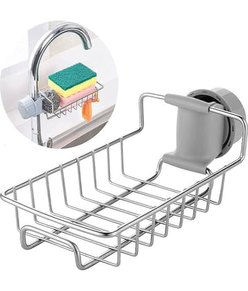 GEEO Kitchen Sink Faucet Sponge Holder Caddy organizer over, stainless steel heavy duty thickening hanging drain rack for scrubbers, sop, bathroom, detachable no suction cup bathroom sop holder