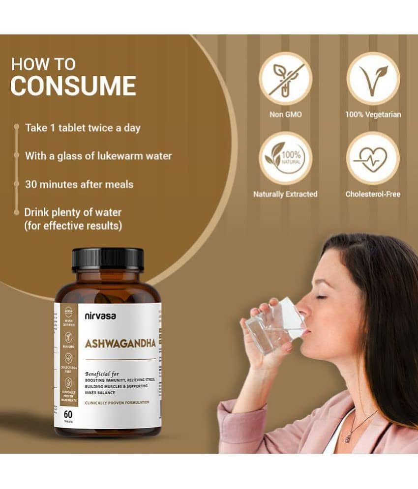 Nirvasa Ashwagandha Tablets, for Better Immunity, Energy & Endurance in Men & Women, enriched with Ashwagandha Extract (2 x 120 Tablets)