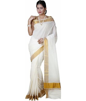 RSV FABRICS Cotton Saree With Unstitched Blouse Piece ( White )