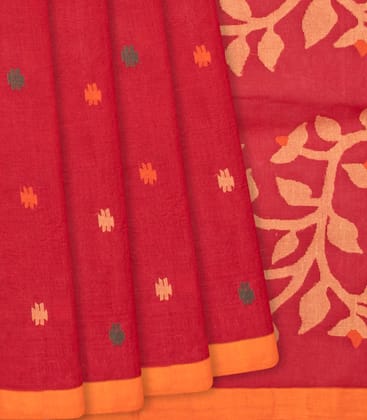 Red Handloom Dhakai Cotton Saree With Geometric Motifs-Red-Red