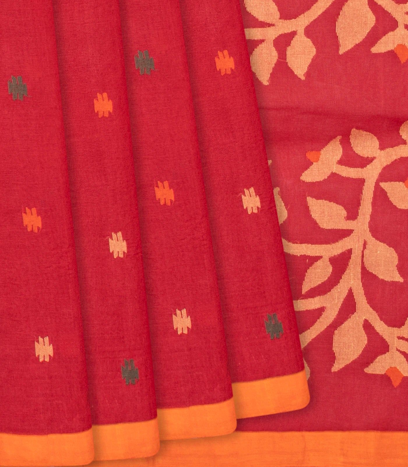 Red Handloom Dhakai Cotton Saree With Geometric Motifs-Red-Red