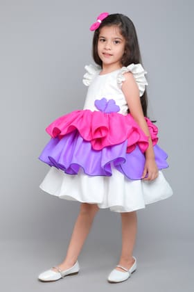 Colorblock Cotton Layered Dress with Matching Bow Clip - White-1-2Y / White