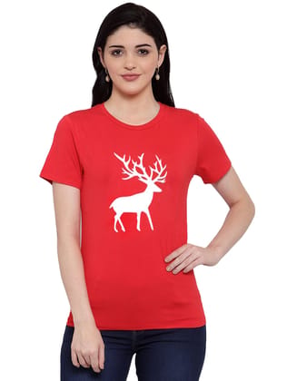 Women's Cotton Blend Deer Printed T-Shirt XL (Red)