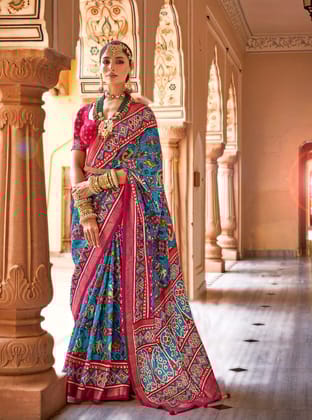 Azure Blue Printed Patola Silk Saree