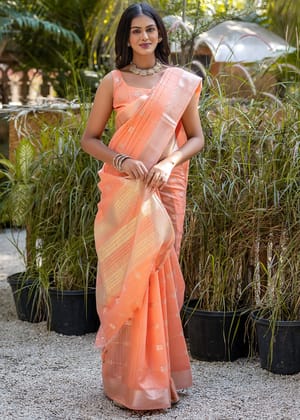 Orange Peach Woven Cotton Silk Saree