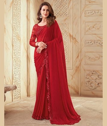 Samah Georgette Self Design Saree With Unstitched Blouse Piece ( Red )