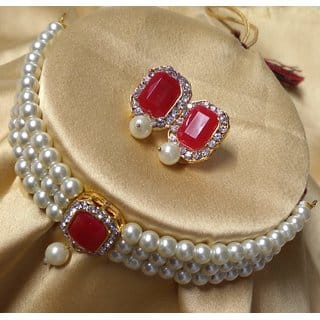 Designer Bridal Red CZ Kundan Pearl Choker Jewellery Set