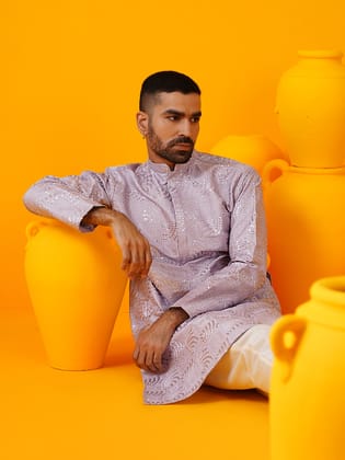 Men's Cotton Silk All over Mirror Embroidered Lavender Kurta With Cream Trouser-38