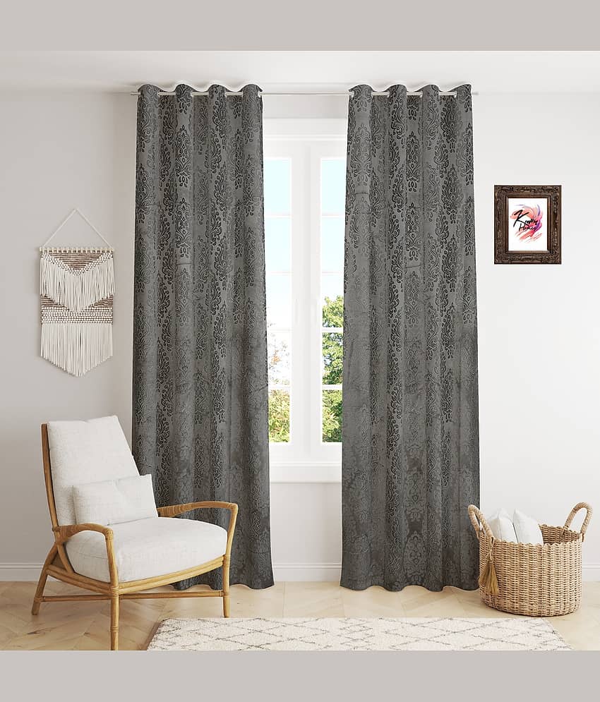 Kraftiq Homes Geometric Blackout Eyelet Curtain 7 ft ( Pack of 2 ) - Light Grey