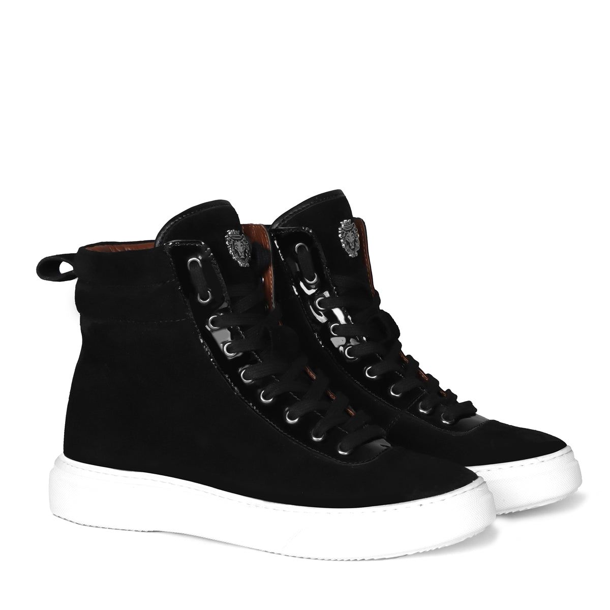 Black Suede Leather With Contrasting Patent Detailing Mid Top Lace-Up Sneakers by Brune & Bareskin-40/6