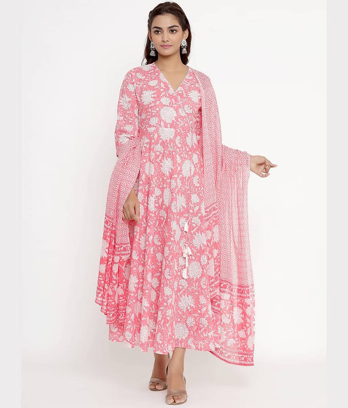 Angiya Pink Cotton Anarkali Kurti