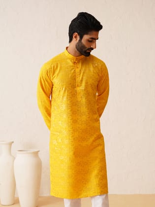Men's Cotton foil printed Mustard Kurta-36