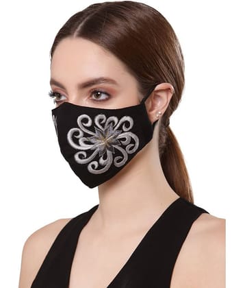 Anekaant Black & Silver Cotton Embroidered Mask