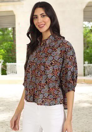 Black Floral Printed Cotton Tops-XS