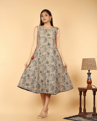 Blue Floral Kalamkari Dress With a Boat Neck-XXXL