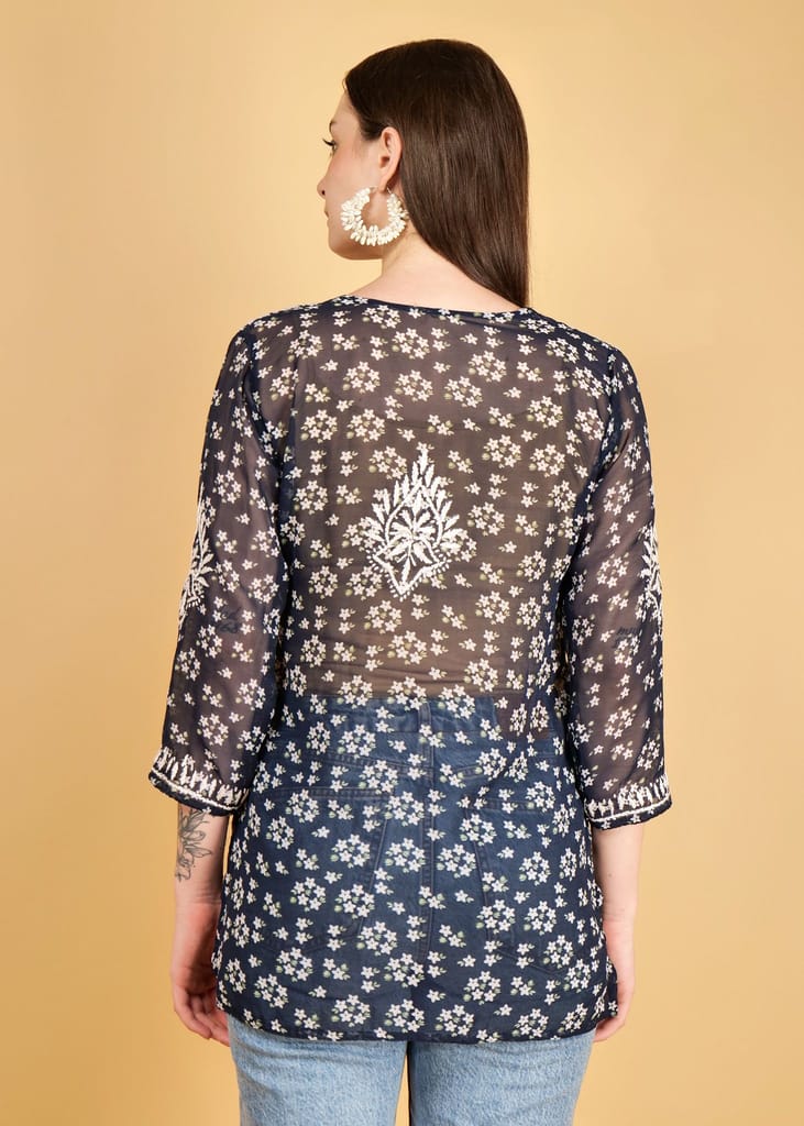 Hand Embroided Lucknow Chikankar Short Straight Georgette Kurta