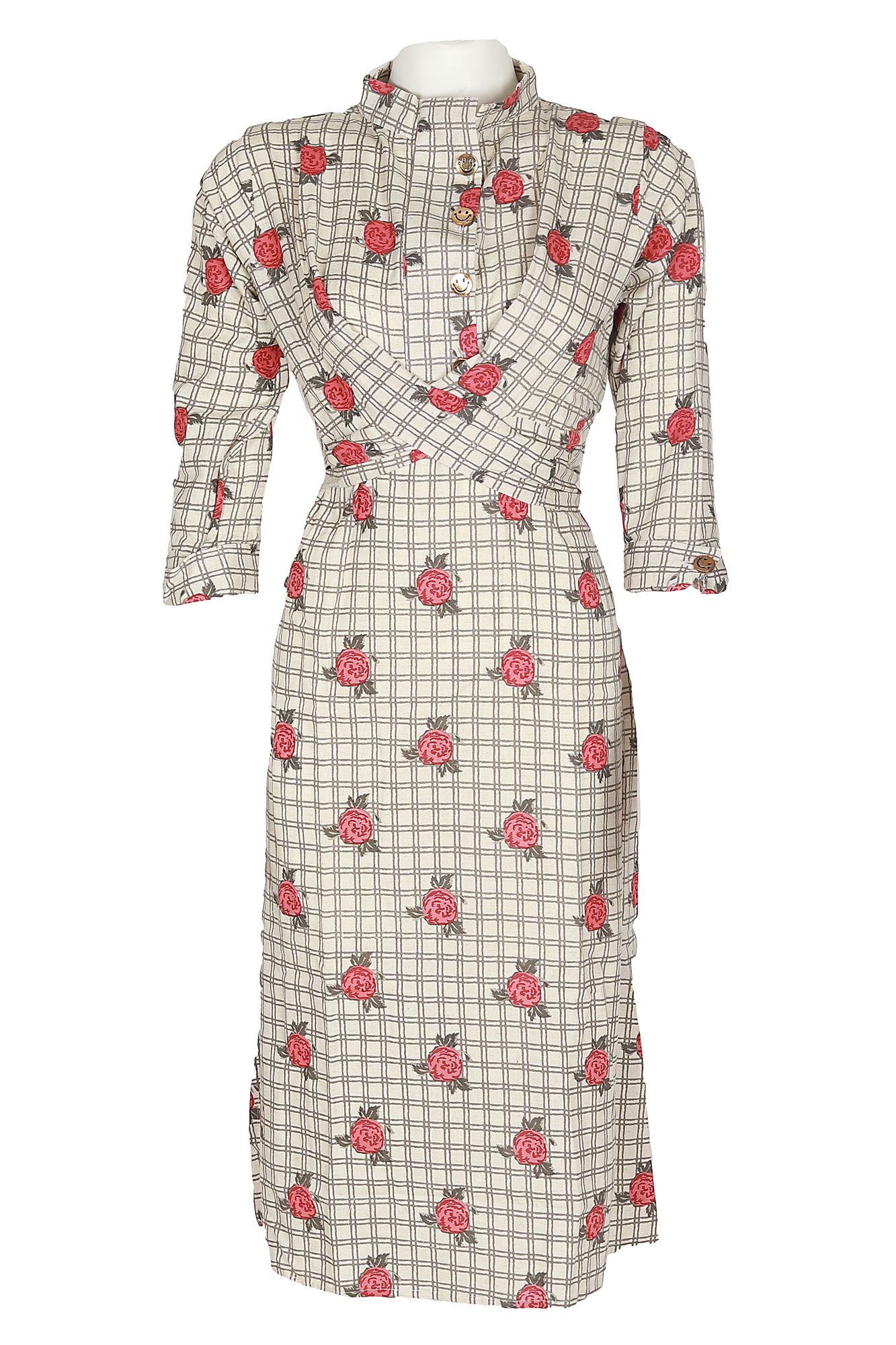 Women's Cotton Handloom Check, High Collar Kurti, Rolled Up Sleeves, Layer Style with Belt (Color:- Off-White)