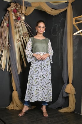 OWO THE LABEL Women Western Dress Long Dress With Front Slit Pattern (OTL-DRS1093)-White / S