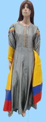 Woman's Grey Embroidered Ethnic Wear Churidar suit With Contrast Dupatta-OJ-6004 . / Grey / XL
