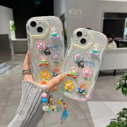 3D Bear Floral Happy Day Characters With Lanyard Bracelet Transparent Colored Bumper iPhone Case-iPhone 15