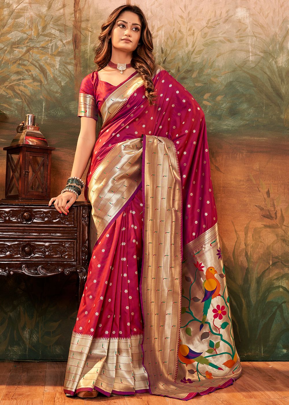Sangria Red Woven Paithani Silk Saree
