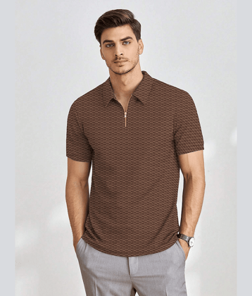 KAJARU Men Polyester Regular Fit Self Design Polo T Shirt ( Brown )