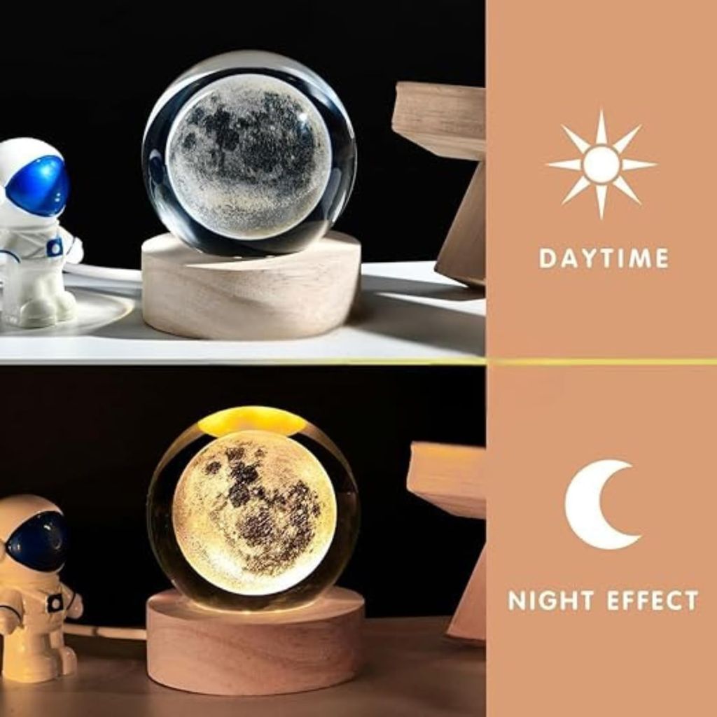 3D Moon Crystal Ball LED Night Lamp with Wooden Base - Home Decor Gift