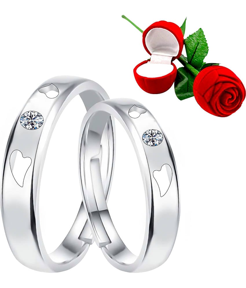 Silver Plated Adjustable Couple Rings Set for lovers Ring with 1 Piece Red Rose Gift Box  for Men and Women
