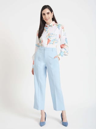 Premium Micro Digital Print Puff Sleeve Shirt With Ice Blue Flared Fit Trouser-M / 28