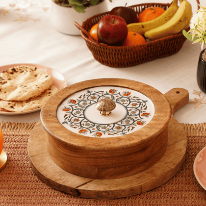 Elegant Floral Circular Print Wooden Roti Box | Ecofriendly Tableware | Stylish & Durable-Floral Circular