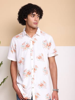 Orange Half Casual Printed Cotton Shirt Regular Fit For Man-S / Orange