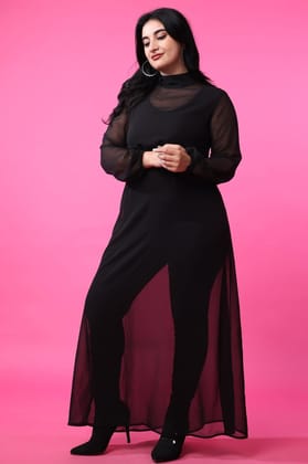 Black Solid Sheer Cover Dress-L / Black