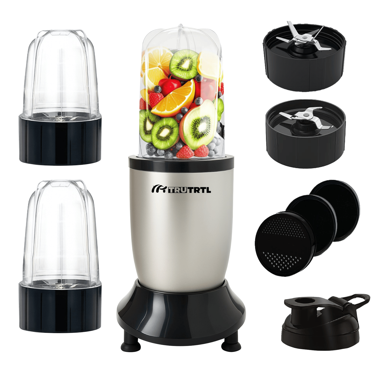 truTRTL Nutri Insta Mixer Grinder 3 Jar | High Speed 22,000 RPM Motor | Smoothie Maker, Masala & Chutney Grinder | 3 Strong Jars + Sipper Cap | 2 Year Warranty | 500W | Silver