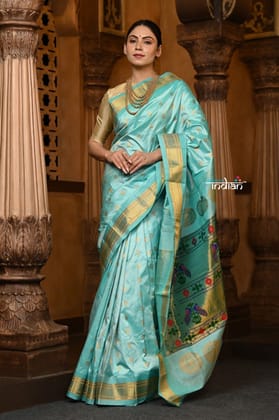 Parampara Revival ~ Handloom Pure Silk Maharani Paithani with Majestic Maharani Pallu in Sea Green