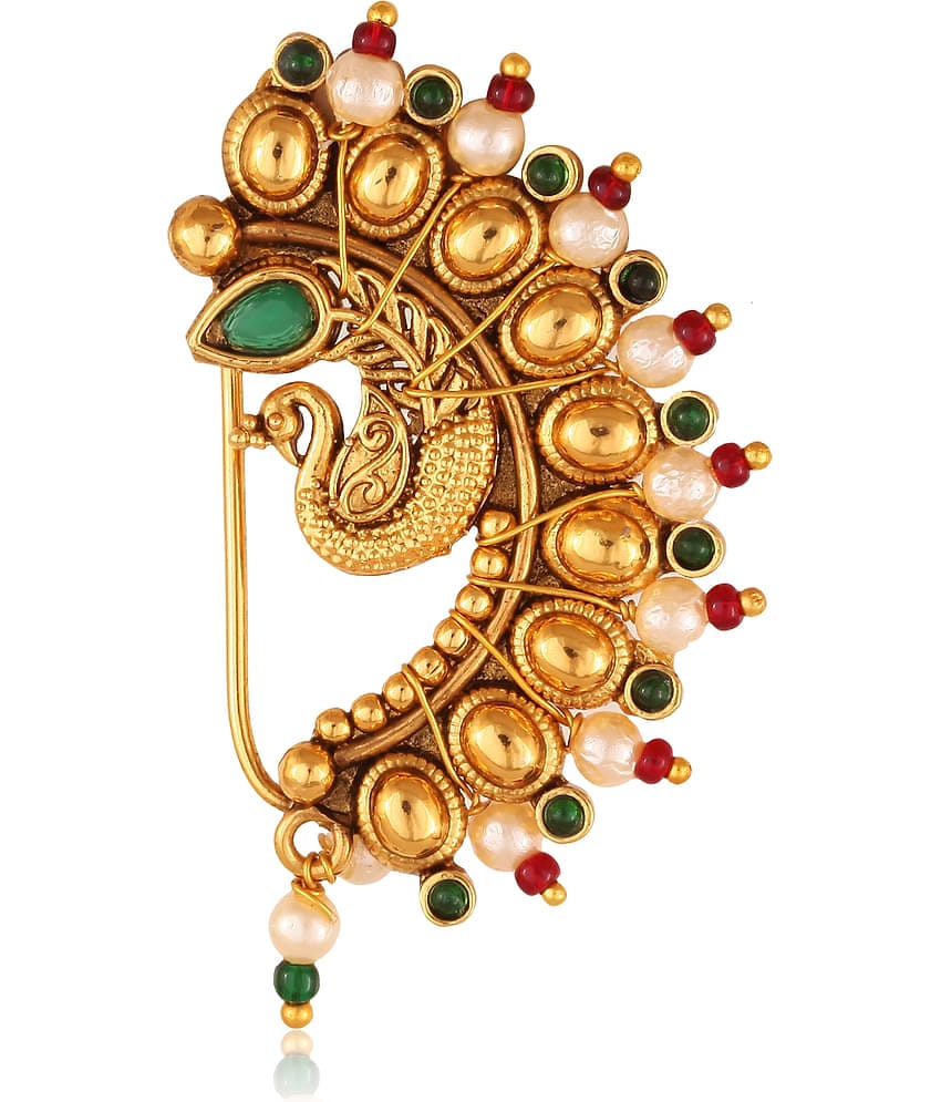 Vighnaharta Gold Plated with Peals Alloy and CZ stone Non Piercing Maharashtrian Nath Nathiya./ Nose Pin for women  {VFJ1107NTH-Press }