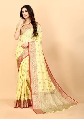 Yavira silk Women's Yellow Handwoven Silk Blend Saree