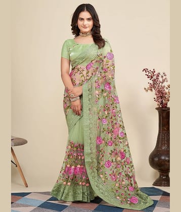 Apnisha Net Embroidered Saree With Unstitched Blouse Piece ( LightGreen )