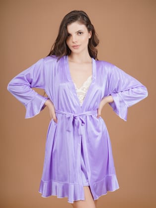 Lace Detailed Lavender Satin Babydoll and Robe-M / Lavender