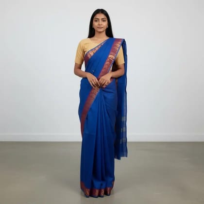 Handwoven Kanchipuram Cotton Saree in Royal Blue with Golden Border Handwoven Kanchipuram Cotton Saree in Royal Blue with Golden Border