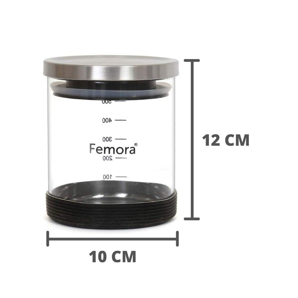 Femora Borosilicate Glass Air-Tight Jar with Silicon Base with Metallic Lid, 500 ML, Set of 01, Free Replacement of Lids