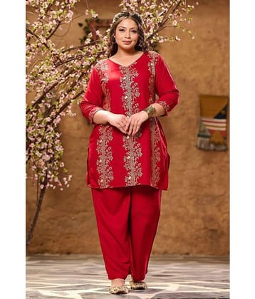 PrettyPlus by Desinoor.com Women Printed Tunic With Trousers Co-Ord Set ( Red )
