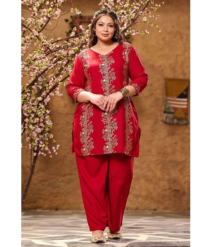 PrettyPlus by Desinoor.com Women Printed Tunic With Trousers Co-Ord Set ( Red )