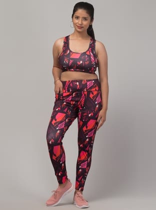 Womens Polyester Spandex Printed Ankle Length High Rise Slip On Tights and Bra Set Size 3XL (Red)