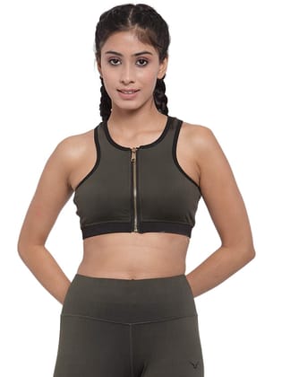 Invincible Women's Front Zip Sports Bra-Olive_Green / S