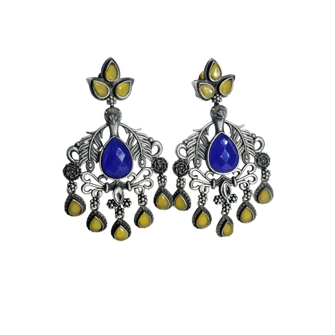 Anvaya Collections Traditional Oxidized Brass Peacock Earrings with pink and Green Stones � Ethnic Indian Jewelry for Women