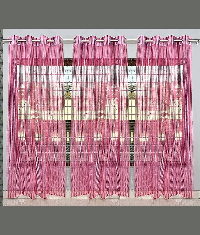 BELLA TRUE Vertical Striped Sheer Eyelet Curtain 5 ft ( Pack of 3 )  Pink