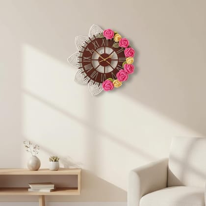 Avnyara Decorative Wooden Wall Clock with Floral Design, 35 cm x 30 cm, Brown and Pink, Roman Numerals, Analog Wall Clock | Wall Clock for Diwali
