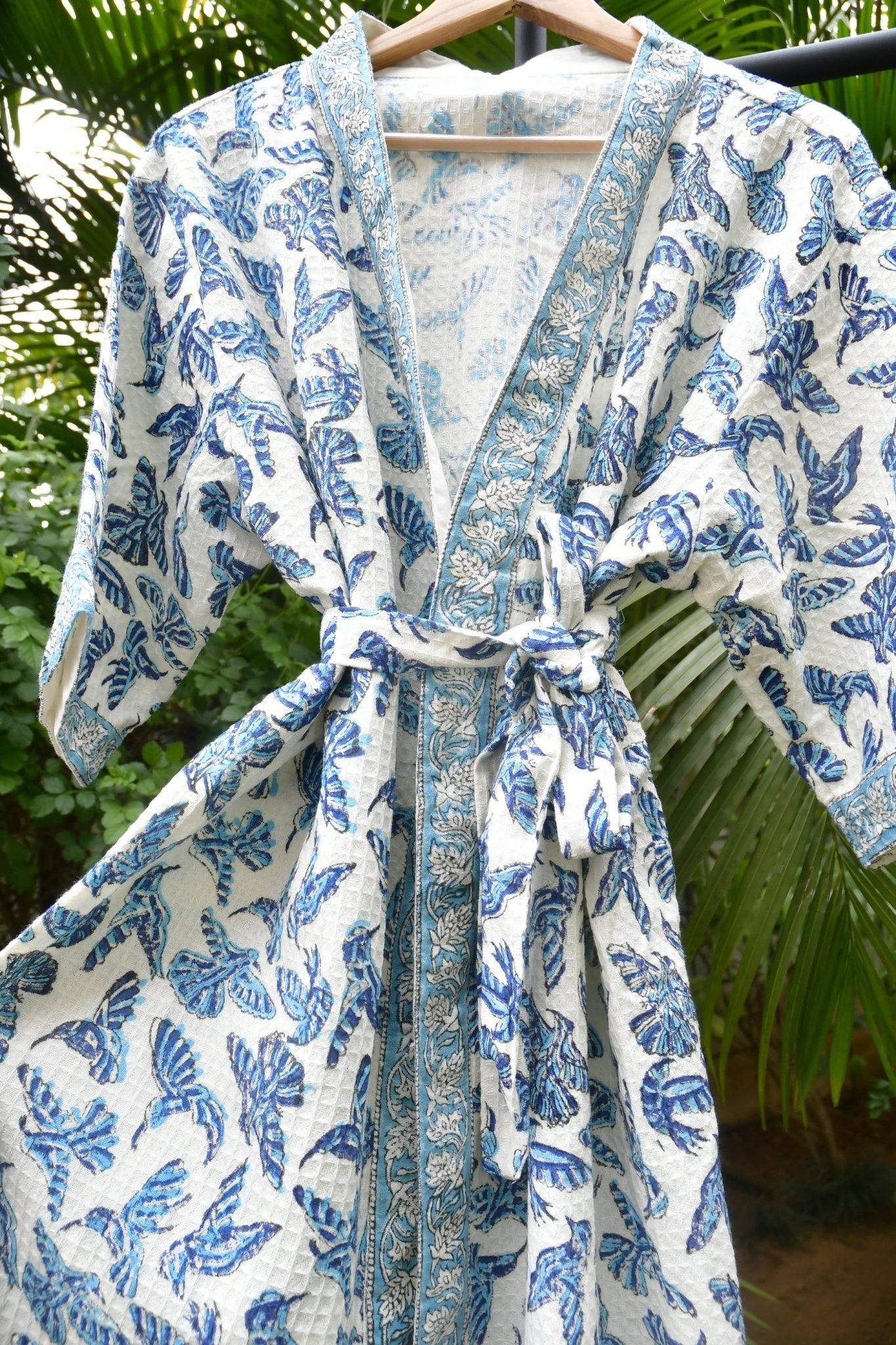 Blue Bird waffle cotton Handblock Bathrobe