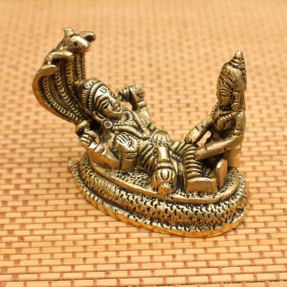 Brass Vishnu Narayan Resting on Sheshnag with Lakshmi - 2.5 inch Height