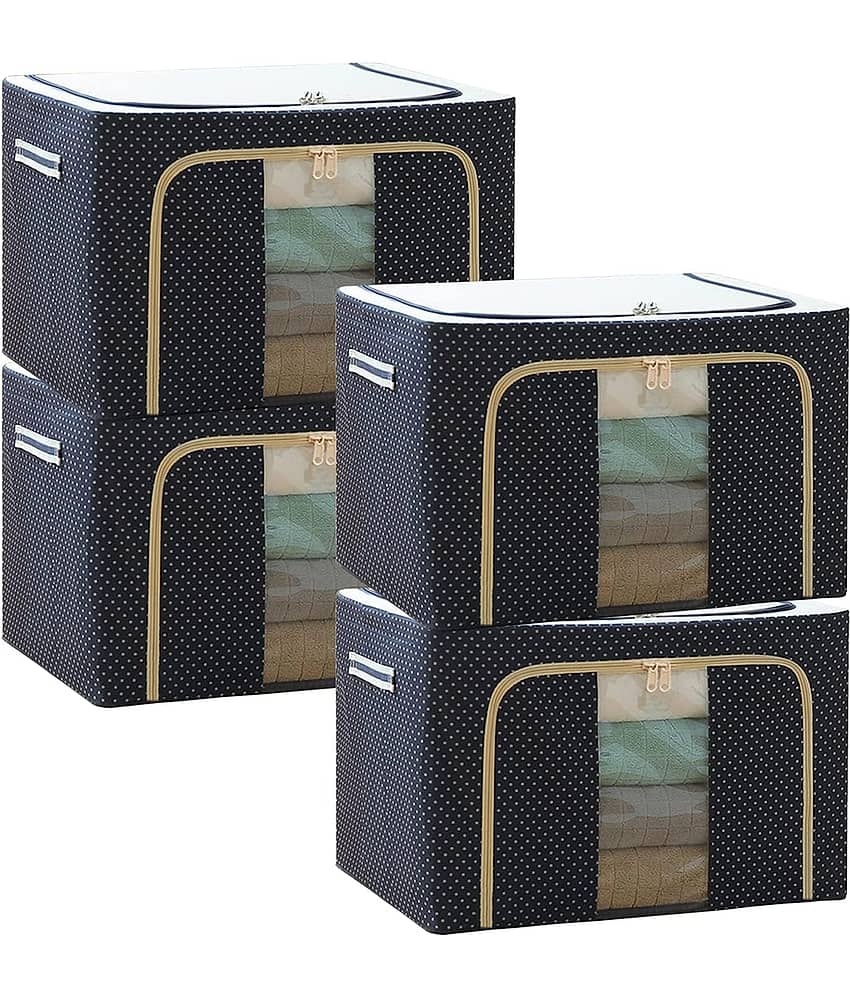 SKYVILLA 66 LTR Foldable Steel Frame Cloths Zip Organizer Bag and Oxford Fabric Storage Living Cover Boxes For Wardrobe Shelves Clothes, Sarees, Bed Sheet, Blanket (Blue Polka, 66 Ltr - Pack of 4)